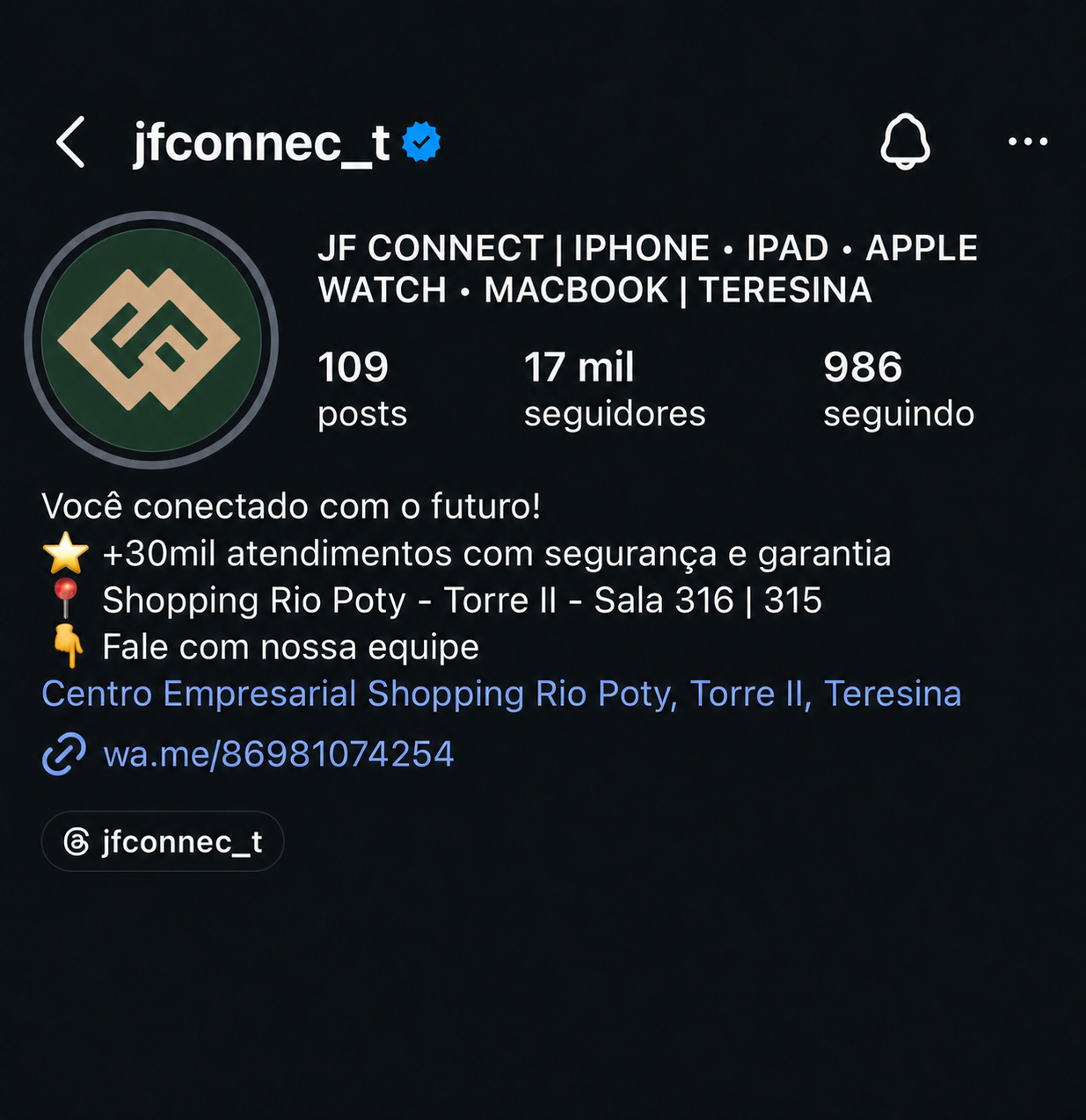 Perfil do Instagram da JF Connect